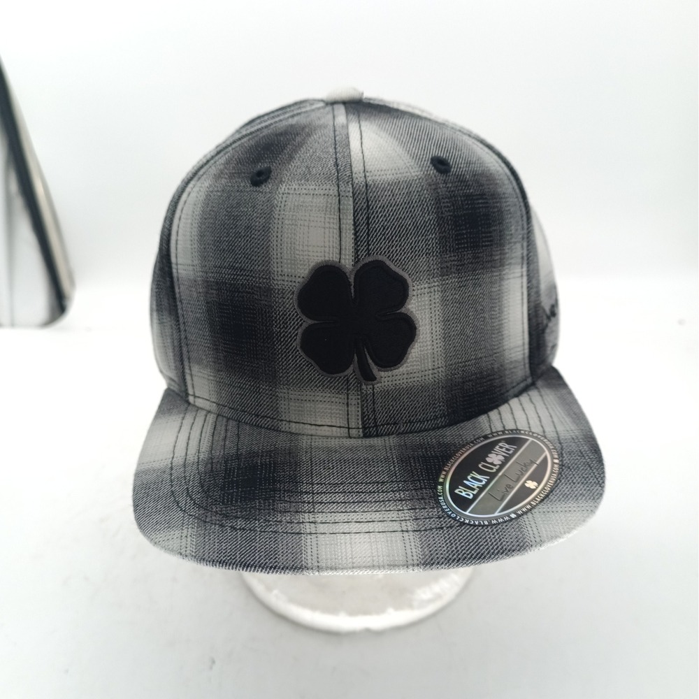 Black Clover Flat Lucky Plad Grey Black Plaid Adjustable Hat New #13